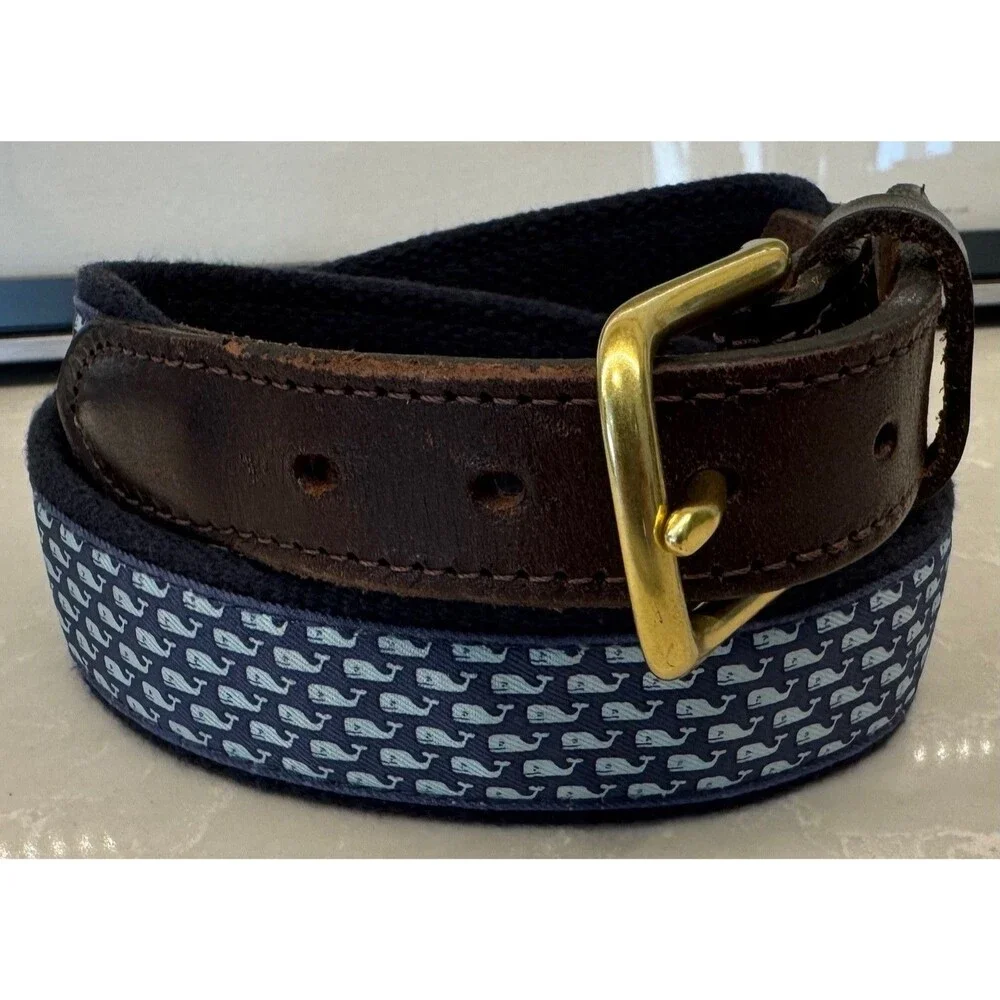VINEYARD VINES - Blue Whales Brown Leather Canvas Belt - Size 26